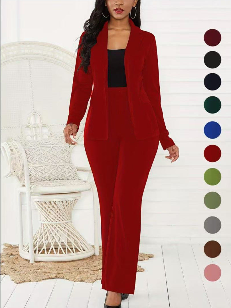 VVZ Women's Two-Piece Set Plain Button Lapel Blazer & Suit Pants
