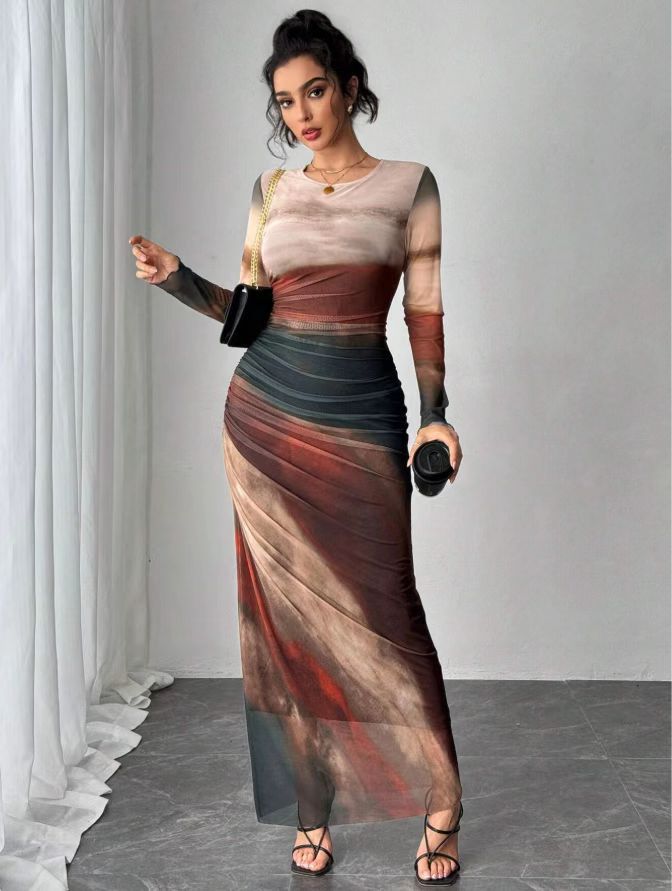 VVZ Sexy Mesh-Print Ruched Bodycon Dress with Round Neckline