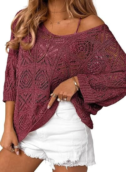VVZ Spring/Summer Openwork Crocheted Pullover Sweater with Three-Quarter Sleeves