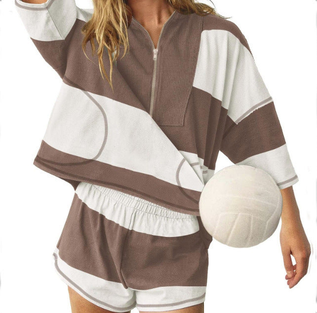 VVZ Women's two-piece summer striped sweatshirt and athletic shorts set