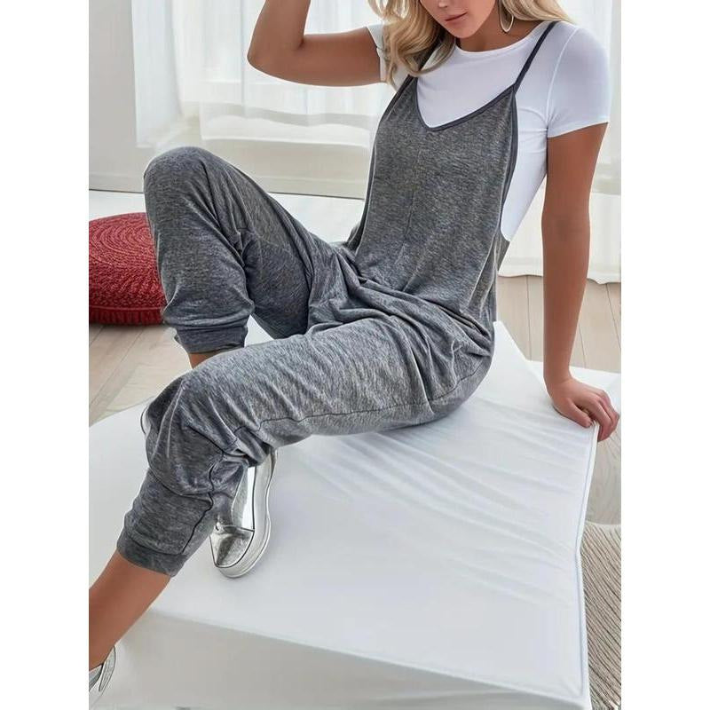 VVZ Women's solid color pocket V-neck overalls