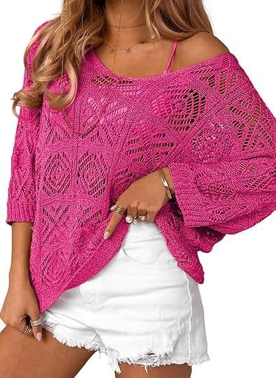 VVZ Spring/Summer Openwork Crocheted Pullover Sweater with Three-Quarter Sleeves
