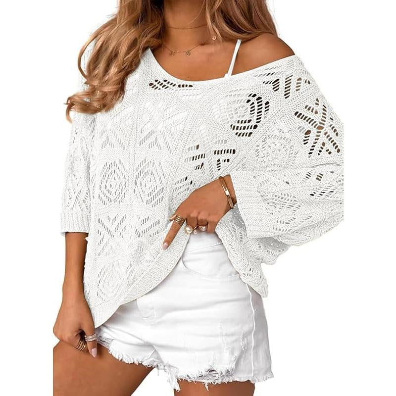 VVZ Spring/Summer Openwork Crocheted Pullover Sweater with Three-Quarter Sleeves
