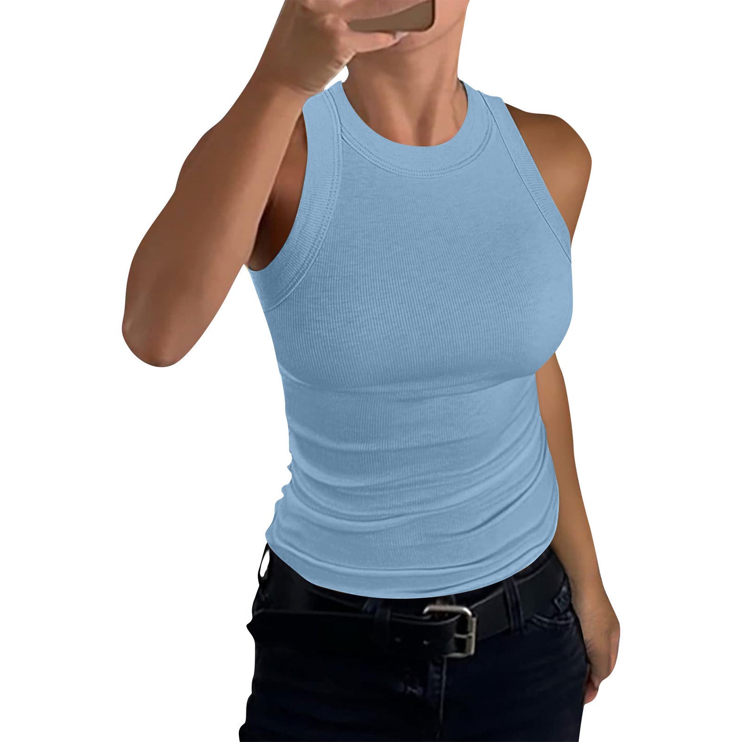 VVZ Women Summer Stretch Slim Round Neck Ribbed Tank