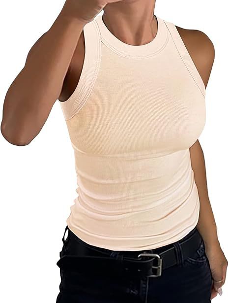 VVZ Women Summer Stretch Slim Round Neck Ribbed Tank