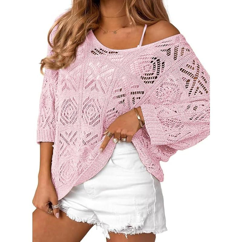 VVZ Spring/Summer Openwork Crocheted Pullover Sweater with Three-Quarter Sleeves
