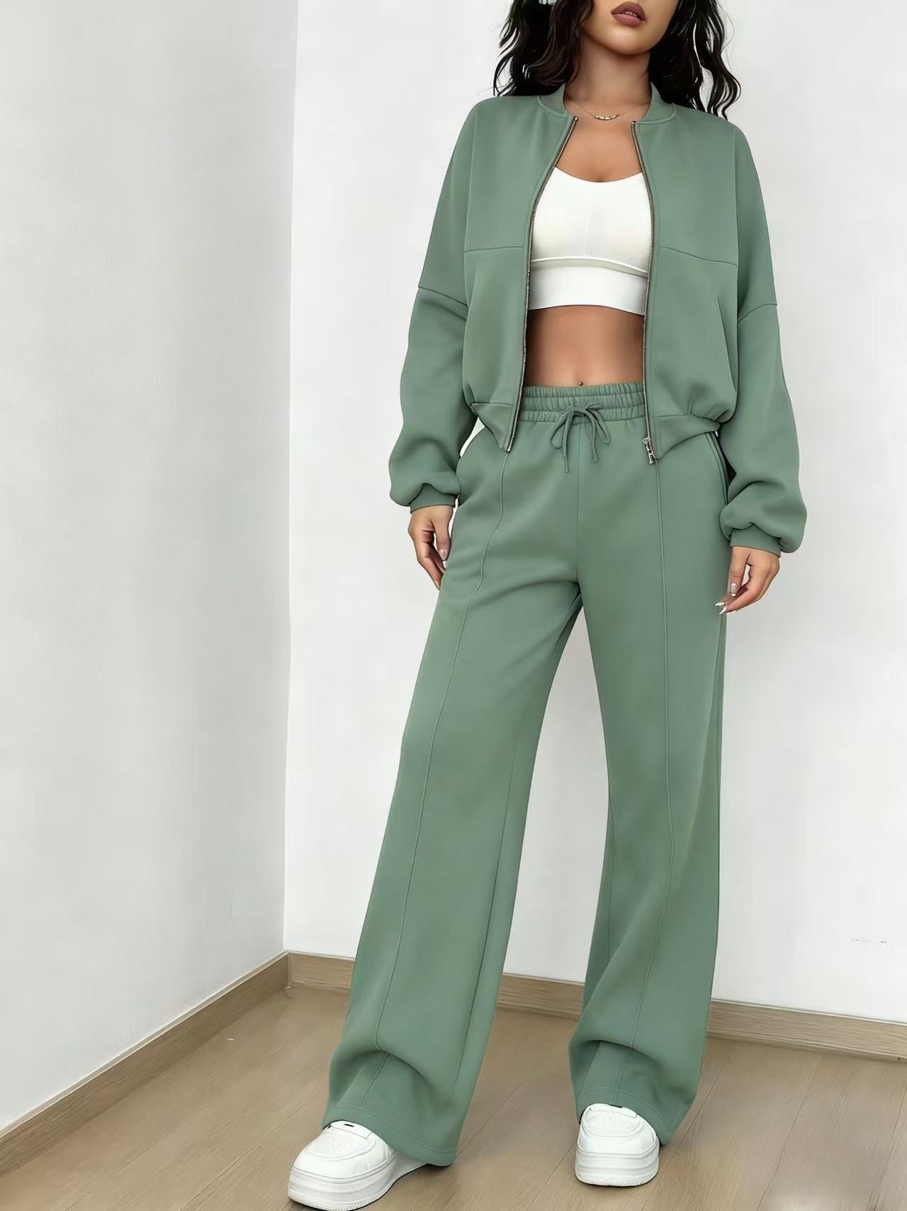 VVZ Women's Casual Striped Long Sleeve Zipper Jacket and Pants Set