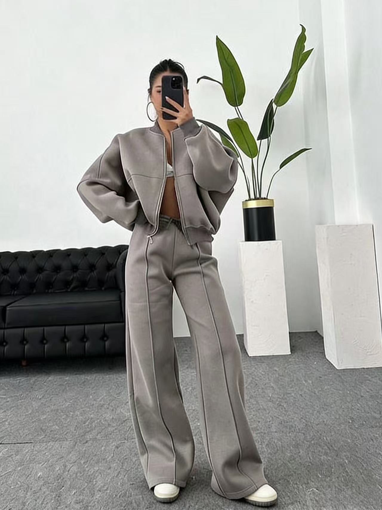 VVZ Women's Casual Striped Long Sleeve Zipper Jacket and Pants Set