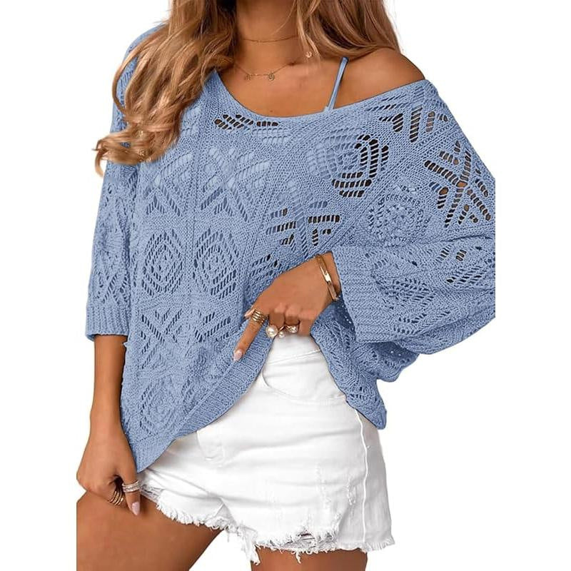 VVZ Spring/Summer Openwork Crocheted Pullover Sweater with Three-Quarter Sleeves