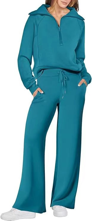 VVZ Women's Casual 2-Piece Sweatsuit Set - Half Zip Pullover Sweatshirt & Wide Leg Pants