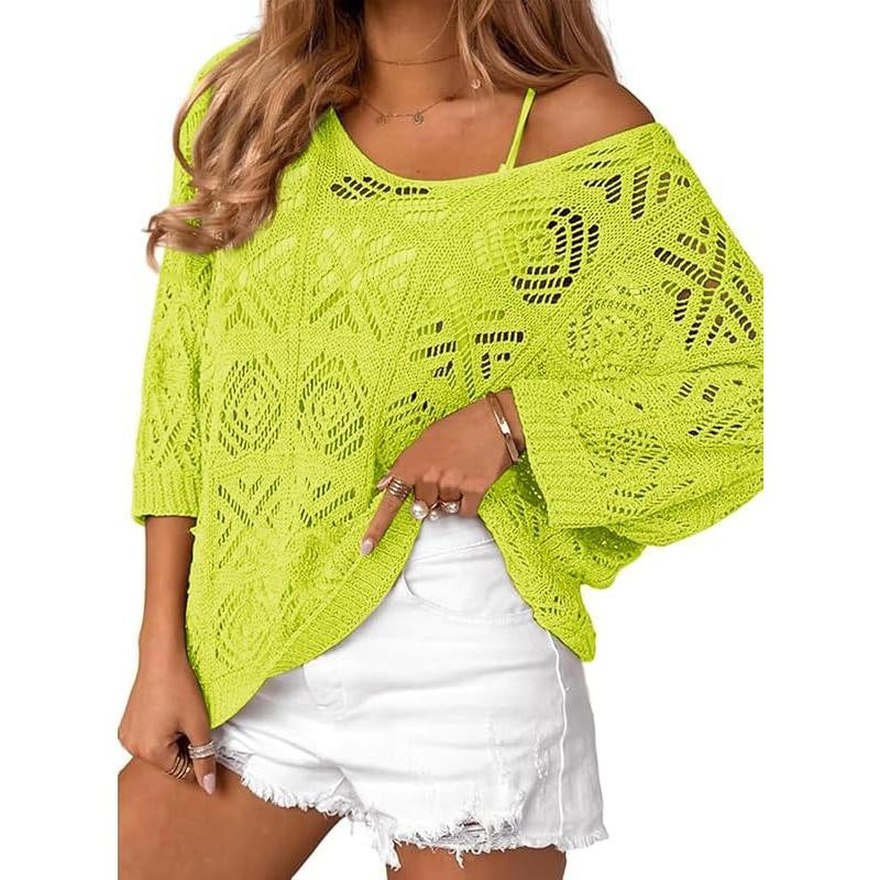 VVZ Spring/Summer Openwork Crocheted Pullover Sweater with Three-Quarter Sleeves