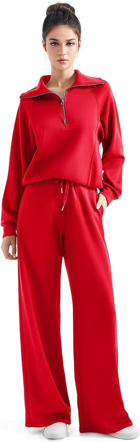 VVZ Women's Casual 2-Piece Sweatsuit Set - Half Zip Pullover Sweatshirt & Wide Leg Pants