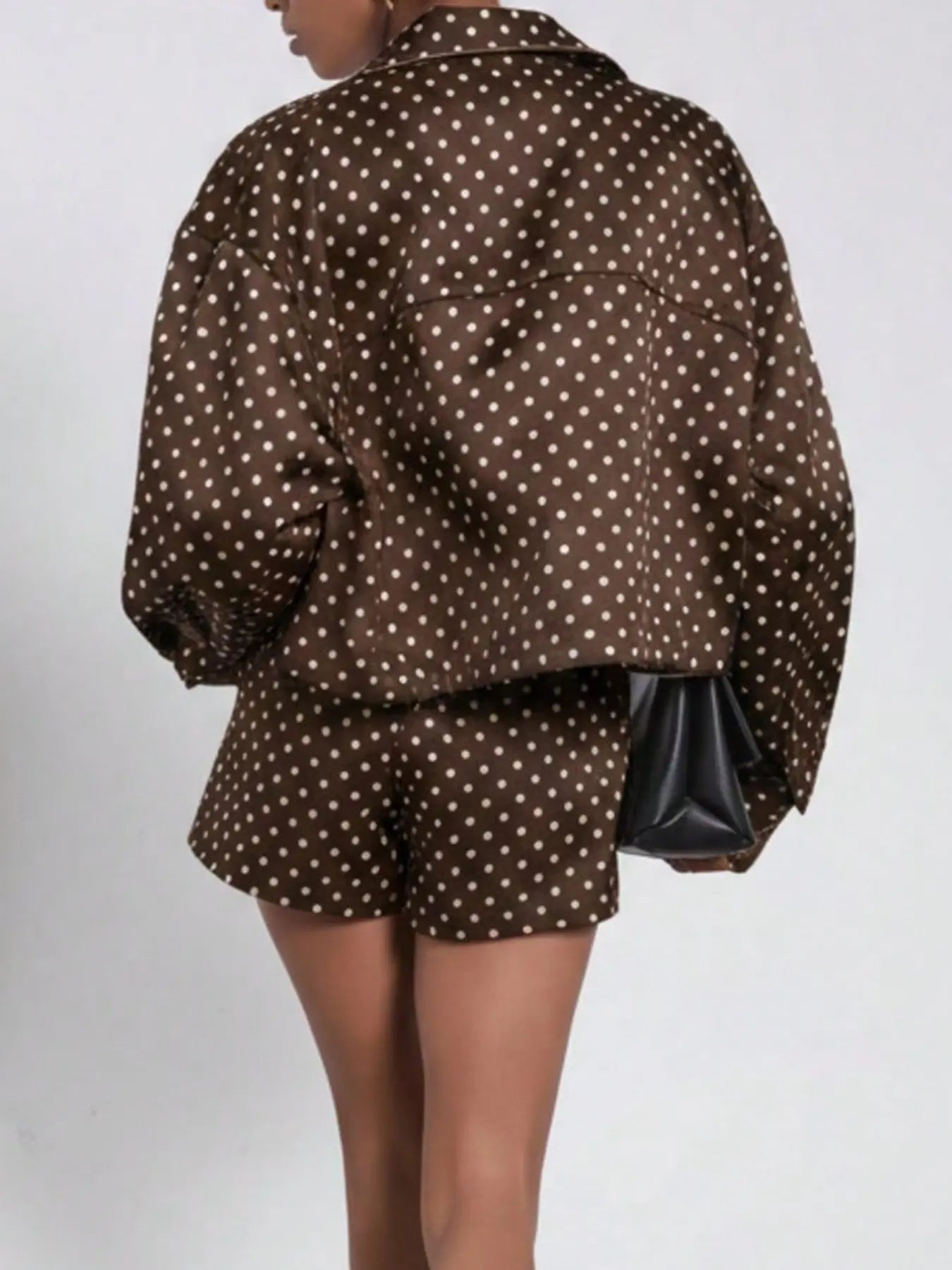 VVZ Retro Polka-Dot Stand-Collar Long-Sleeve Blazer and Shorts Set