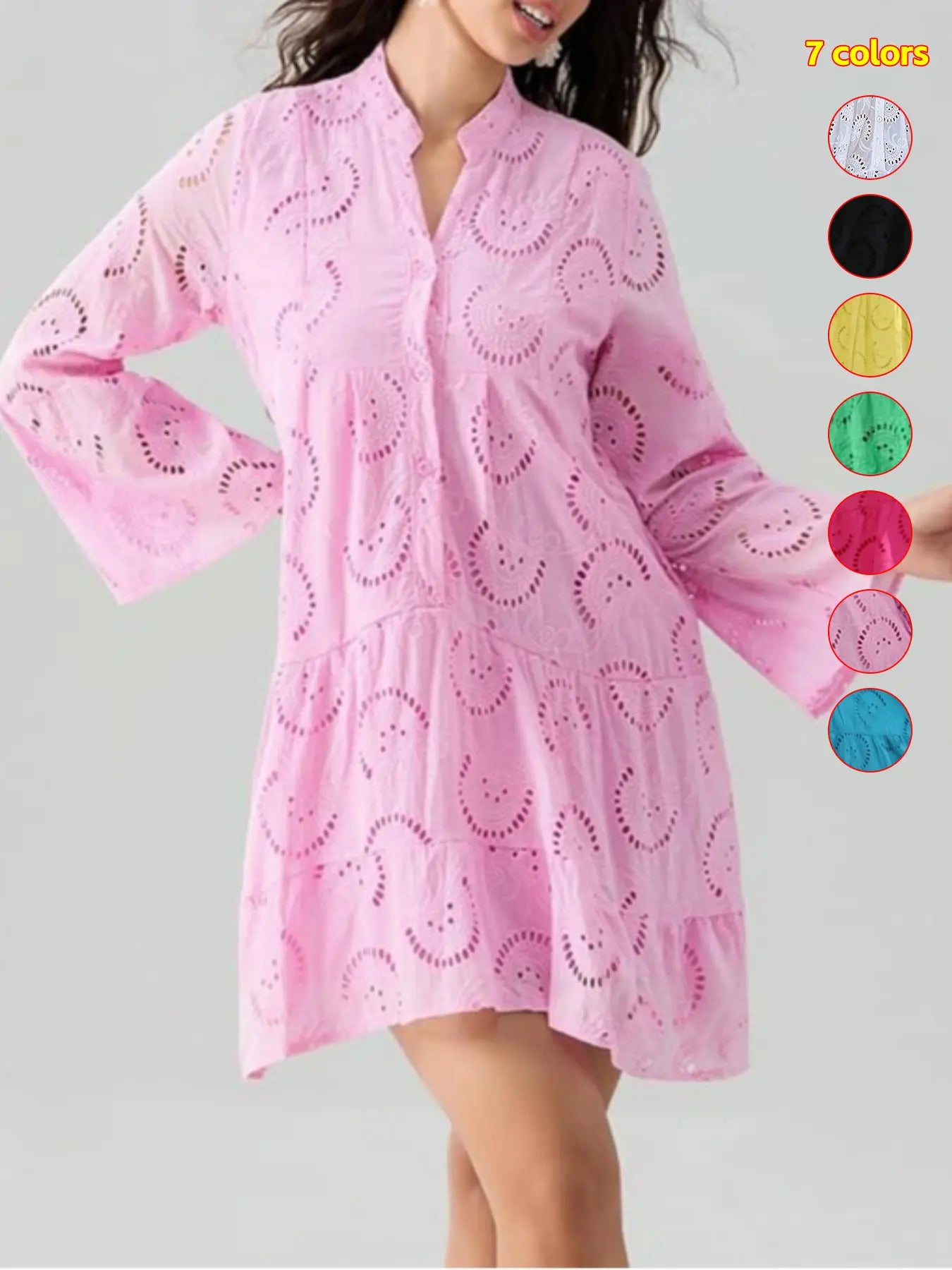 VVZ Plain Eyelet Embroidery Notched Neck Long Sleeve Smock Dress