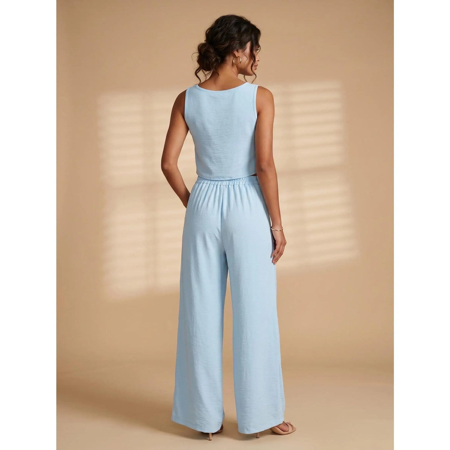 VVZ Spring/Summer Women's Solid-Color Casual Strappy Top and Wide-Leg Pants Set