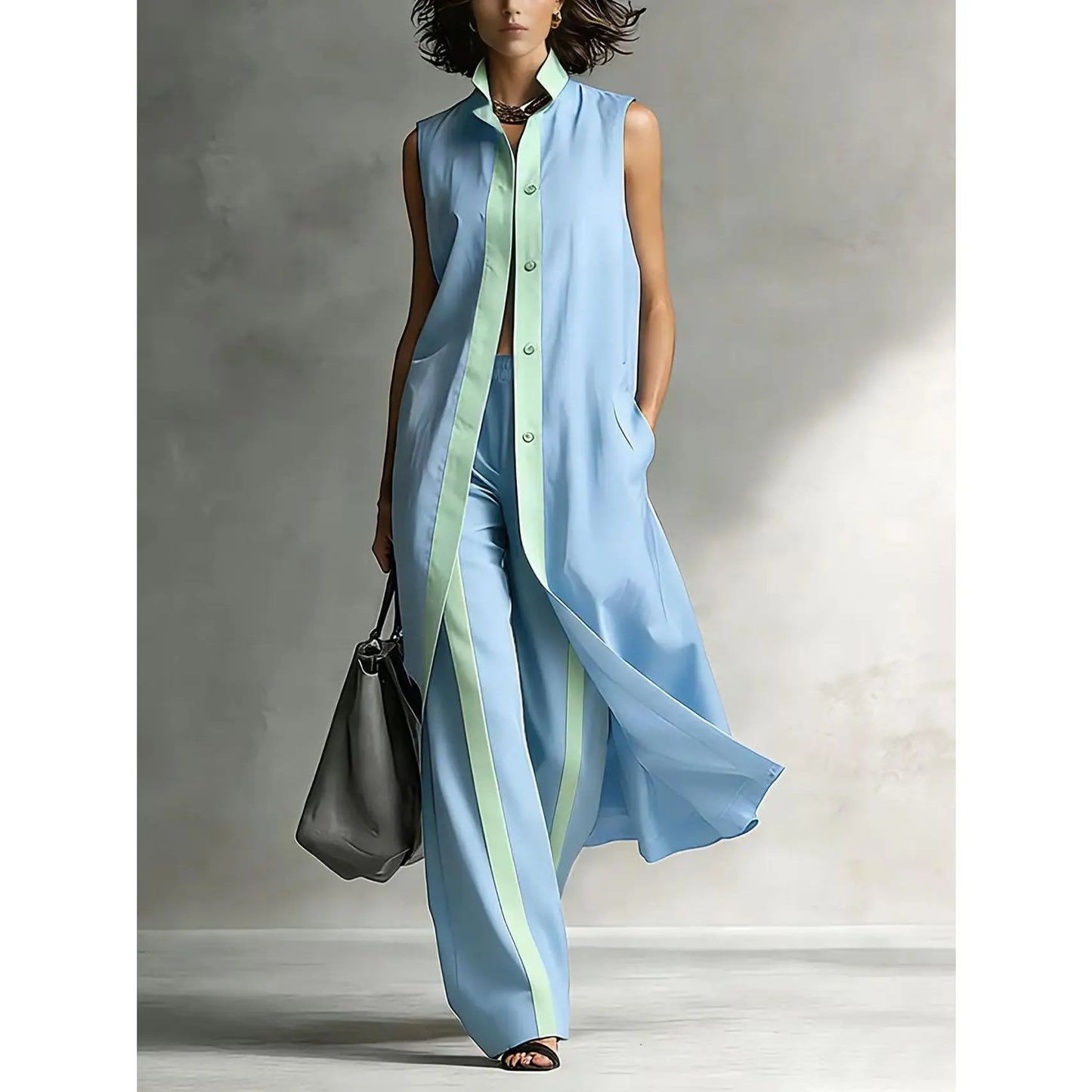 VVZ Sleeveless Long Vest and Wide-Leg Pants Set