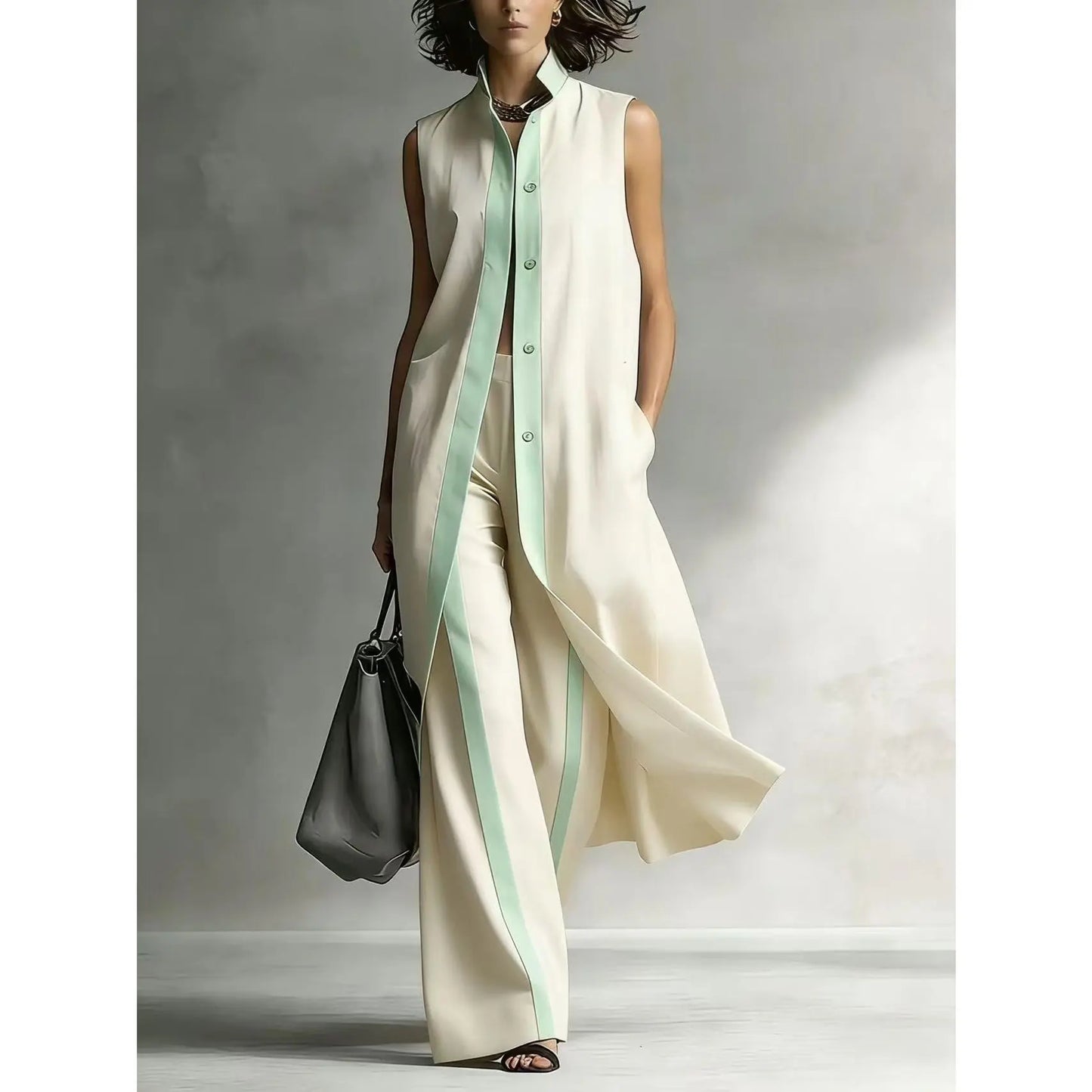 VVZ Sleeveless Long Vest and Wide-Leg Pants Set