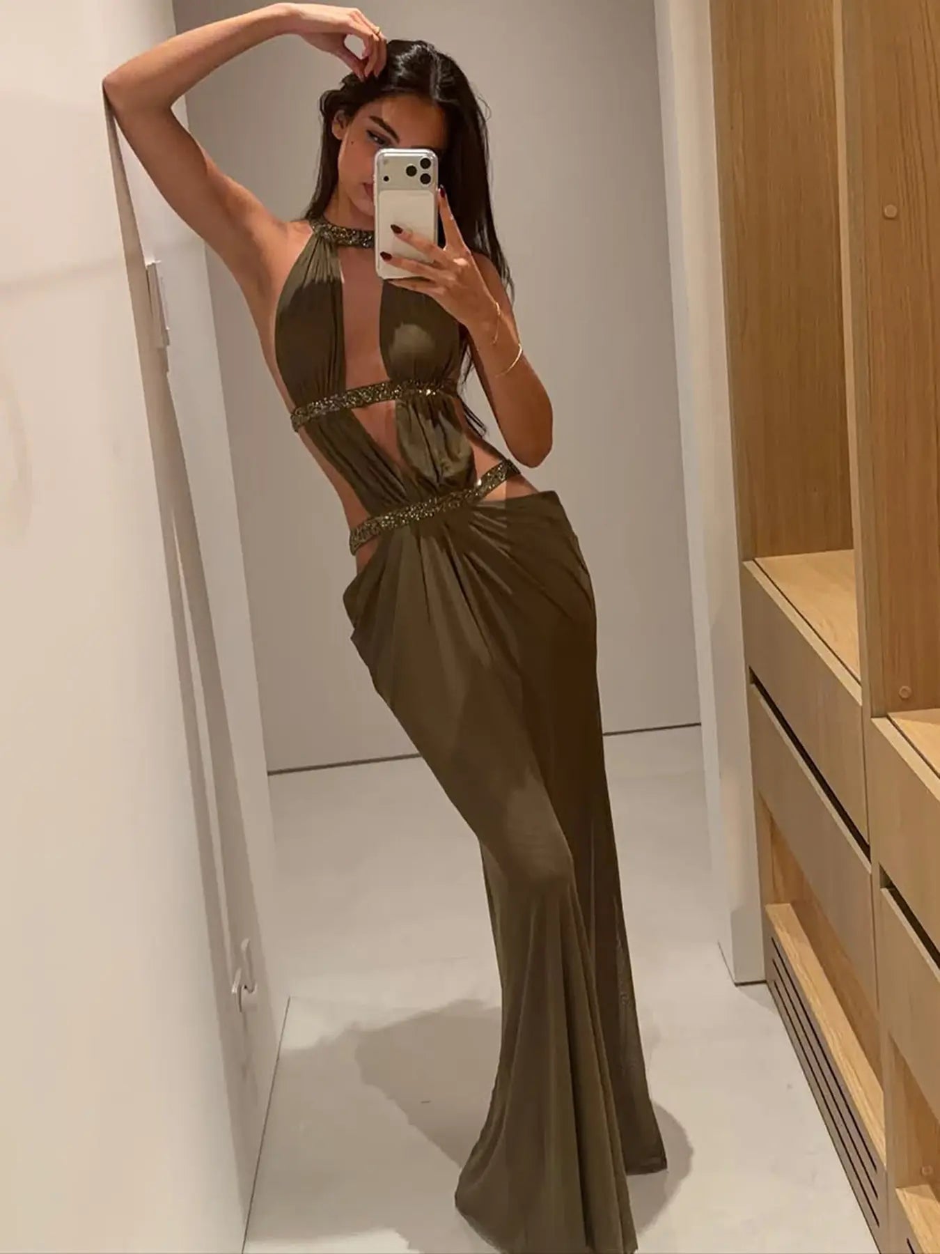 VVZ Sexy Backless Sequin Maxi Dress with Spaghetti Straps