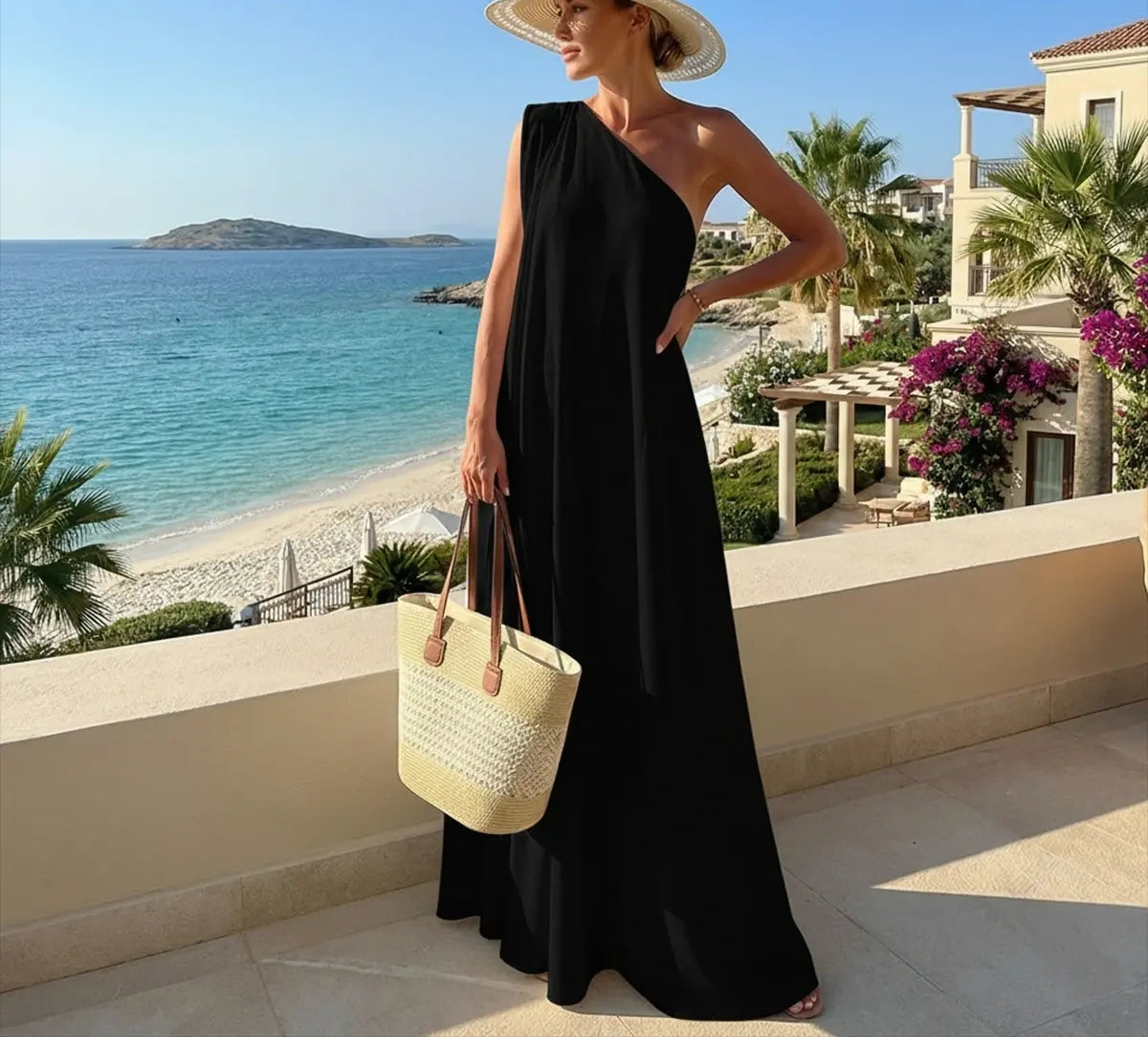 VVZ Loose-Fit, Asymmetrical, Solid-Color, Slit, One-Shoulder Maxi Dress