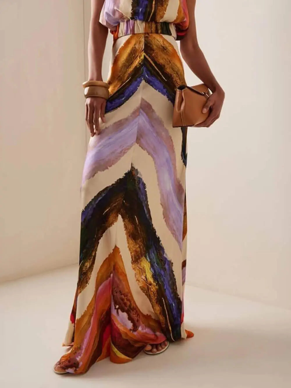 VVZ Elegant Abstract-Print Vest and High-Waisted Maxi Skirt Set
