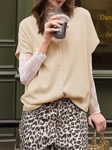 VVZ Lightweight, Short-Sleeve Batwing Knit Top with Button-Front V-Neck
