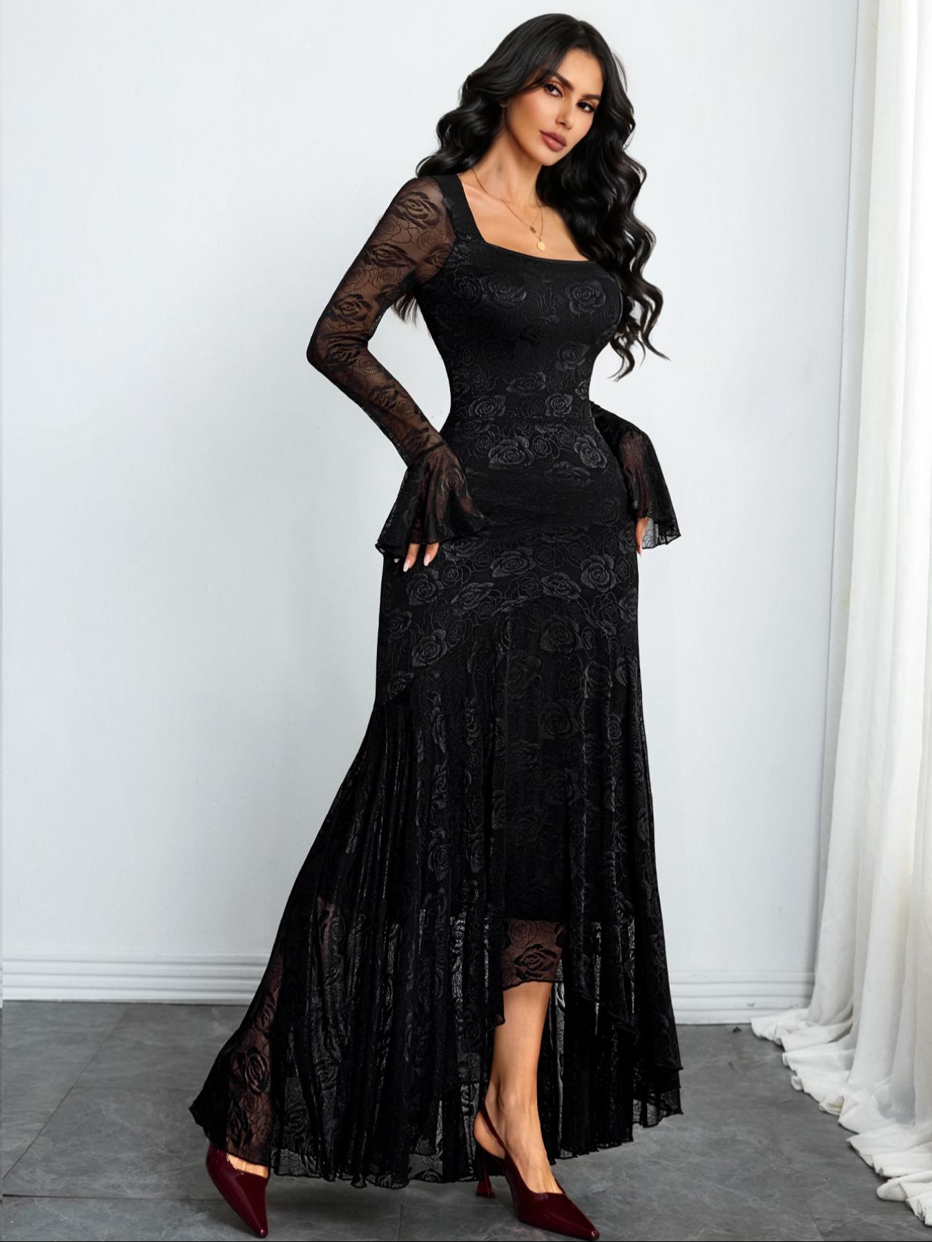 VVZ Elegant Asymmetrical Slim-Fit Gown with Mesh Splicing and Long Sleeves