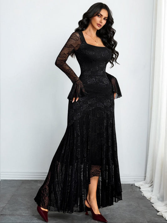 VVZ Elegant Asymmetrical Slim-Fit Gown with Mesh Splicing and Long Sleeves