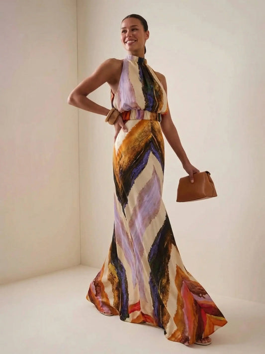 VVZ Elegant Abstract-Print Vest and High-Waisted Maxi Skirt Set