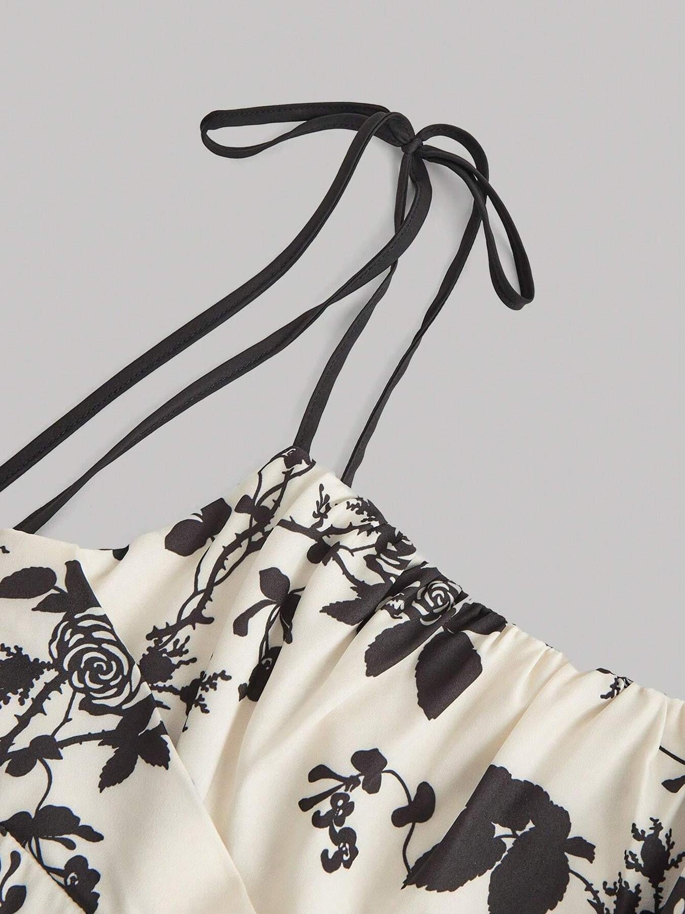 VVZ Women's Slim-Fit Floral Print Strappy Dress with Tie Detail