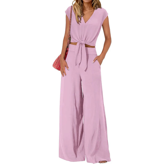 VVZ Short-sleeved V-neck cropped top with tie and wide-leg pants