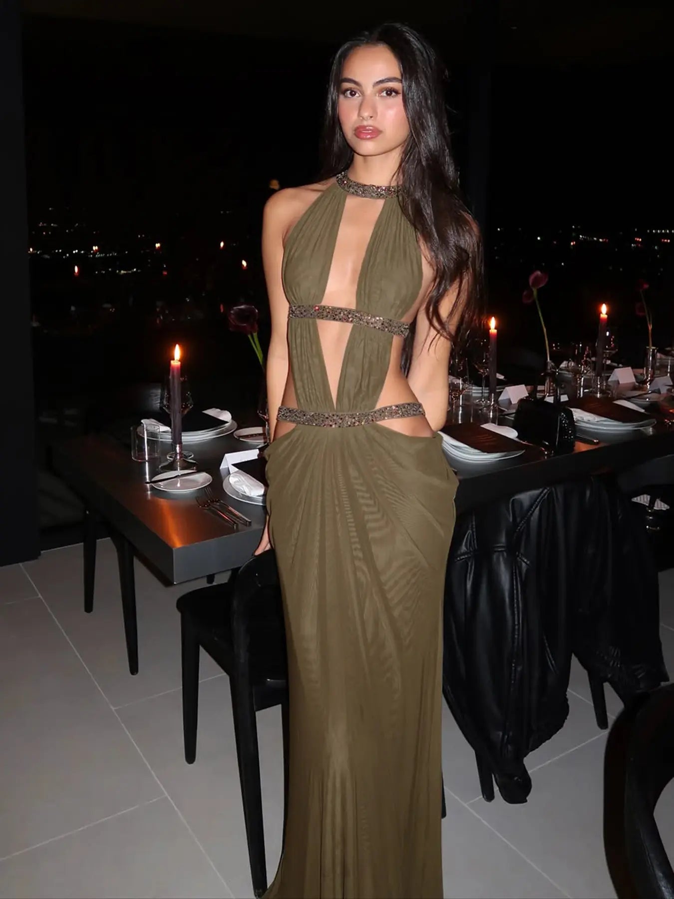 VVZ Sexy Backless Sequin Maxi Dress with Spaghetti Straps