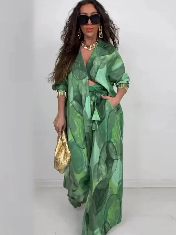 VVZ Elegant, Sexy, and Stylish Printed Top and Wide-Leg Pants Set