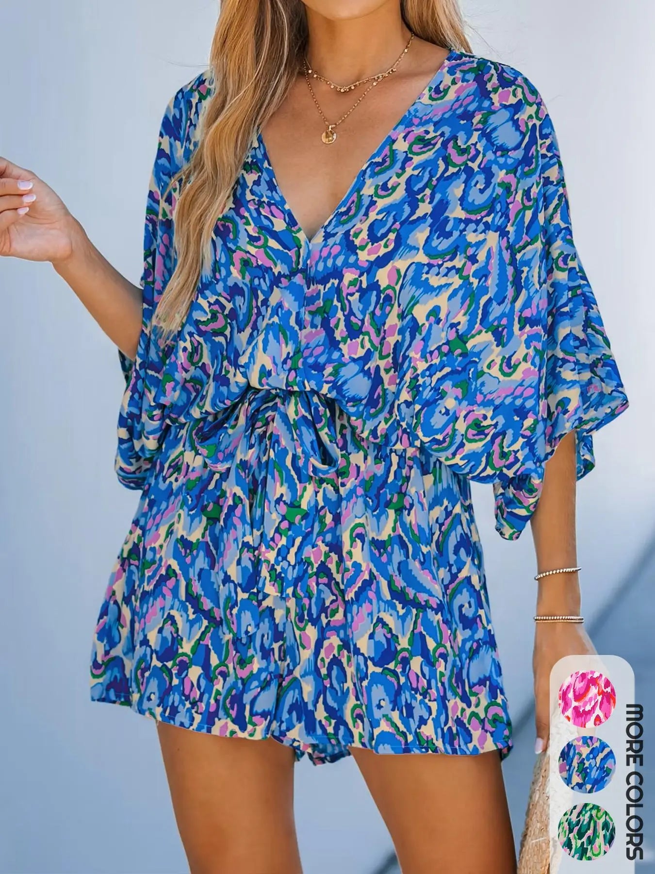 VVZ Women's All-Over Print V-Neck Wide-Leg Romper with Tie Waist