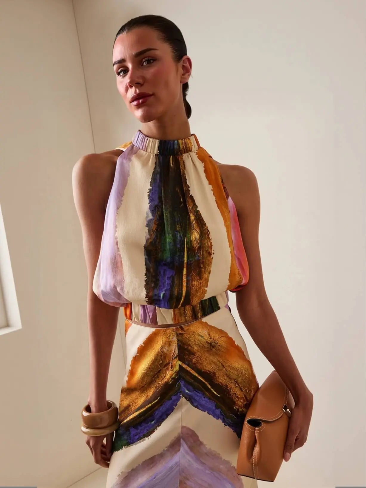 VVZ Elegant Abstract-Print Vest and High-Waisted Maxi Skirt Set