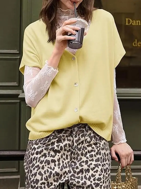 VVZ Lightweight, Short-Sleeve Batwing Knit Top with Button-Front V-Neck