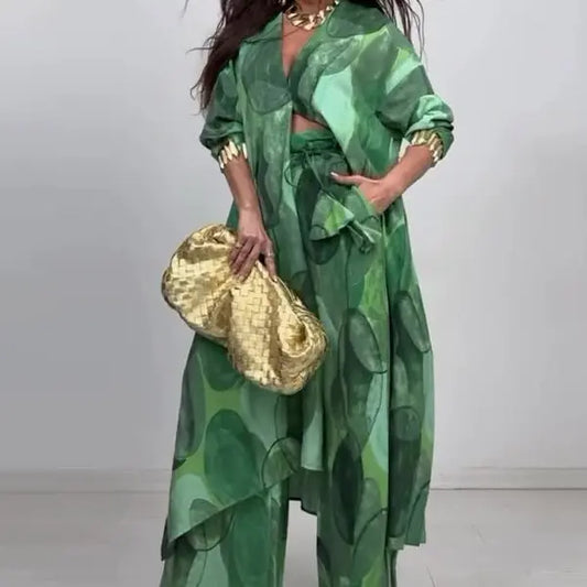 VVZ Elegant, Sexy, and Stylish Printed Top and Wide-Leg Pants Set