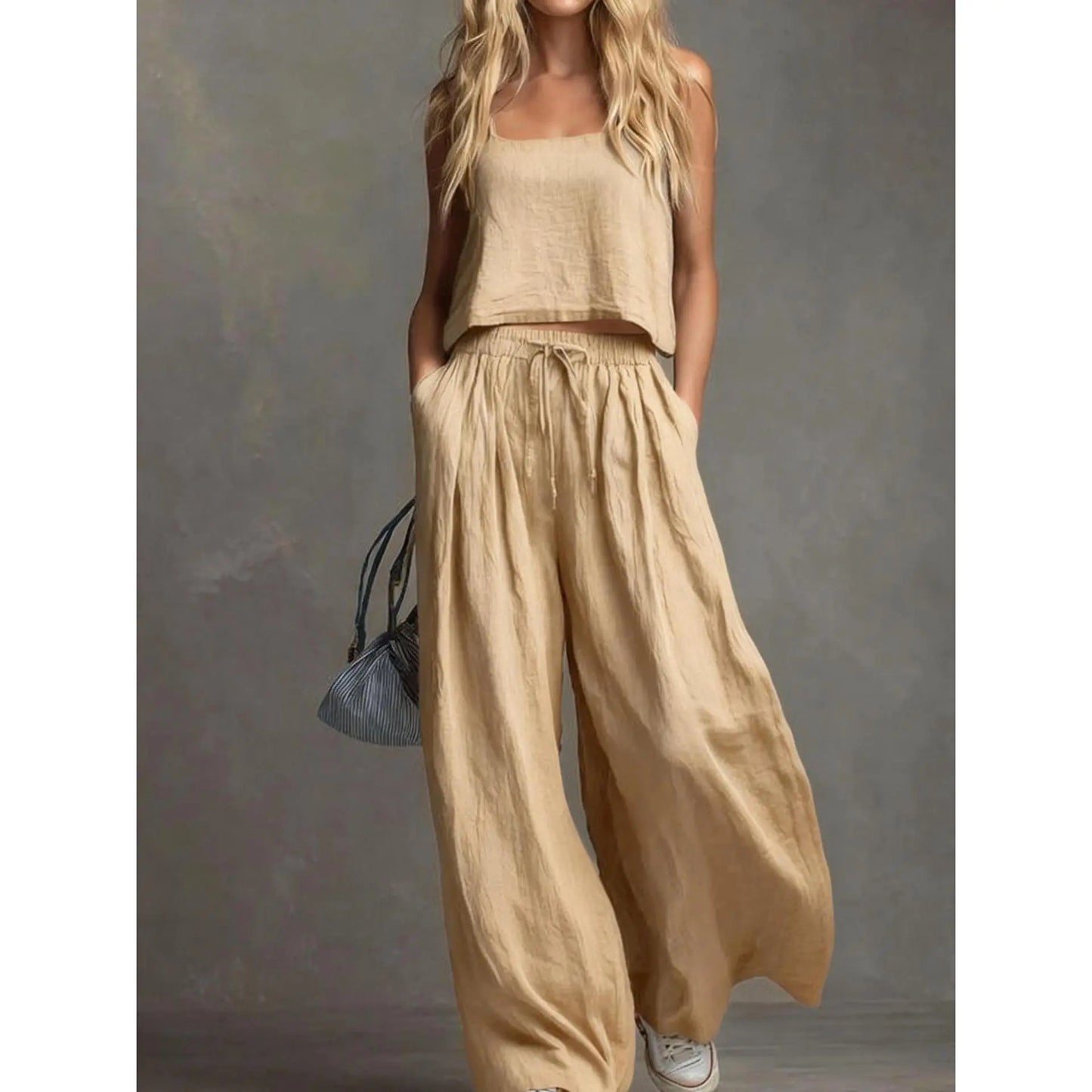 VVZ Spring/Summer Women's Solid-Color Casual Strappy Top and Wide-Leg Pants Set