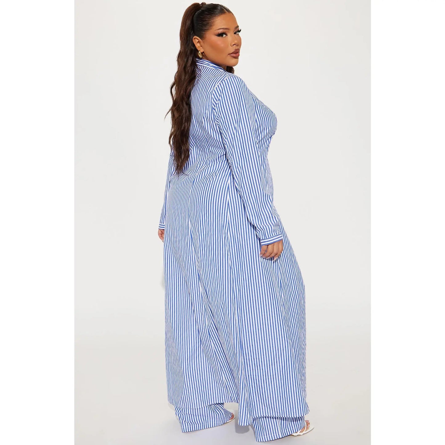 VVZ Elegant Striped Longline Cardigan Shirt & Casual Wide-Leg Trousers