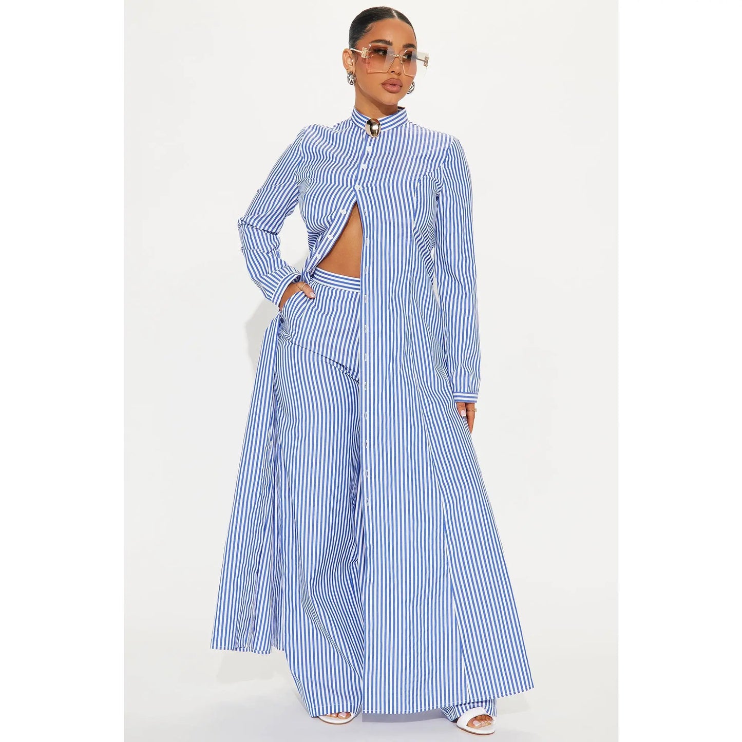 VVZ Elegant Striped Longline Cardigan Shirt & Casual Wide-Leg Trousers