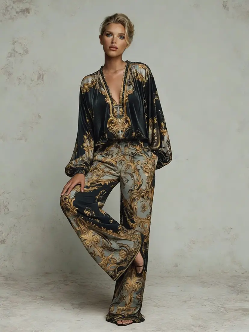 VVZ Deep V-Neck Top and High-Waisted Wide-Leg Pants