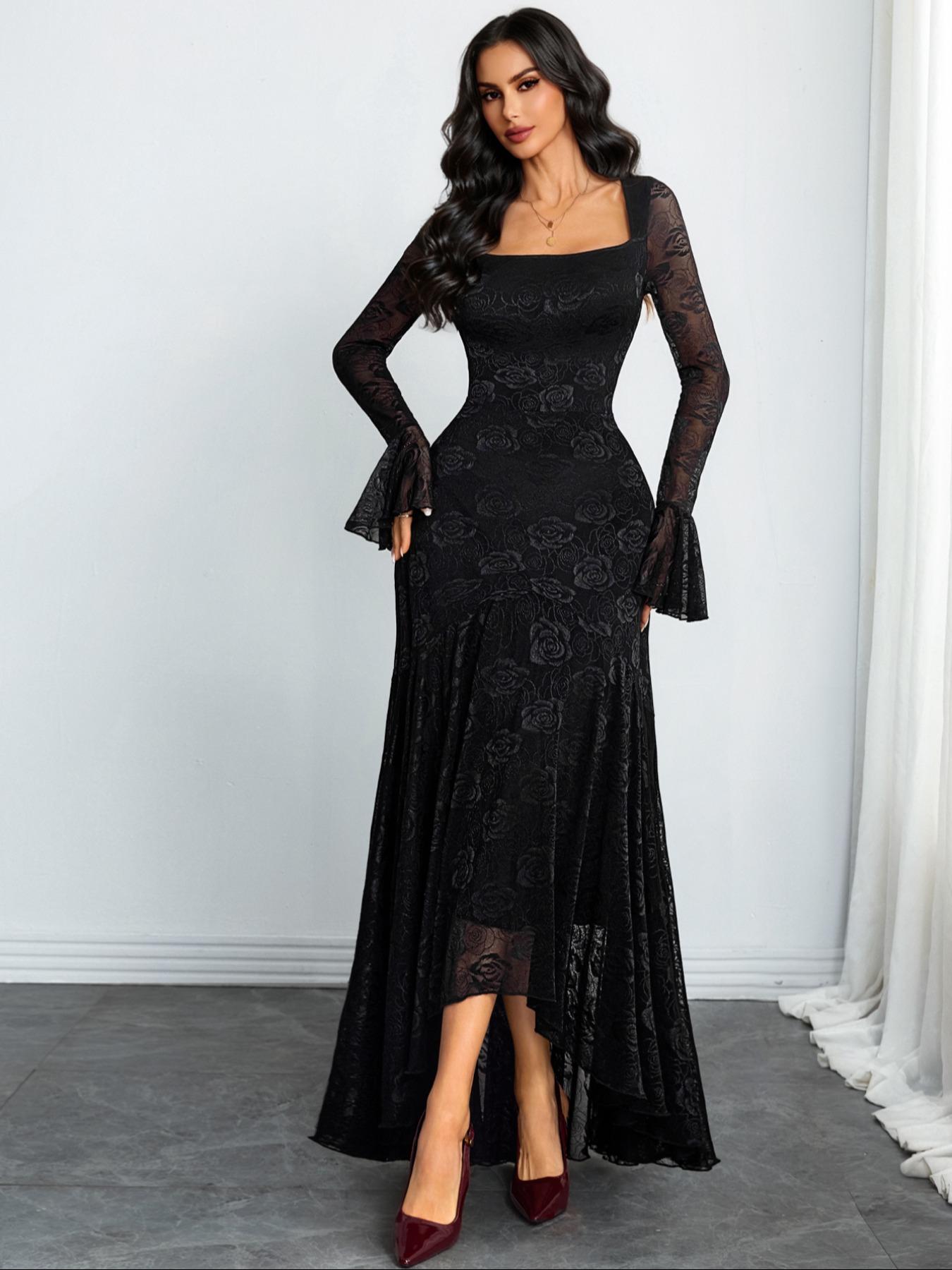 VVZ Elegant Asymmetrical Slim-Fit Gown with Mesh Splicing and Long Sleeves