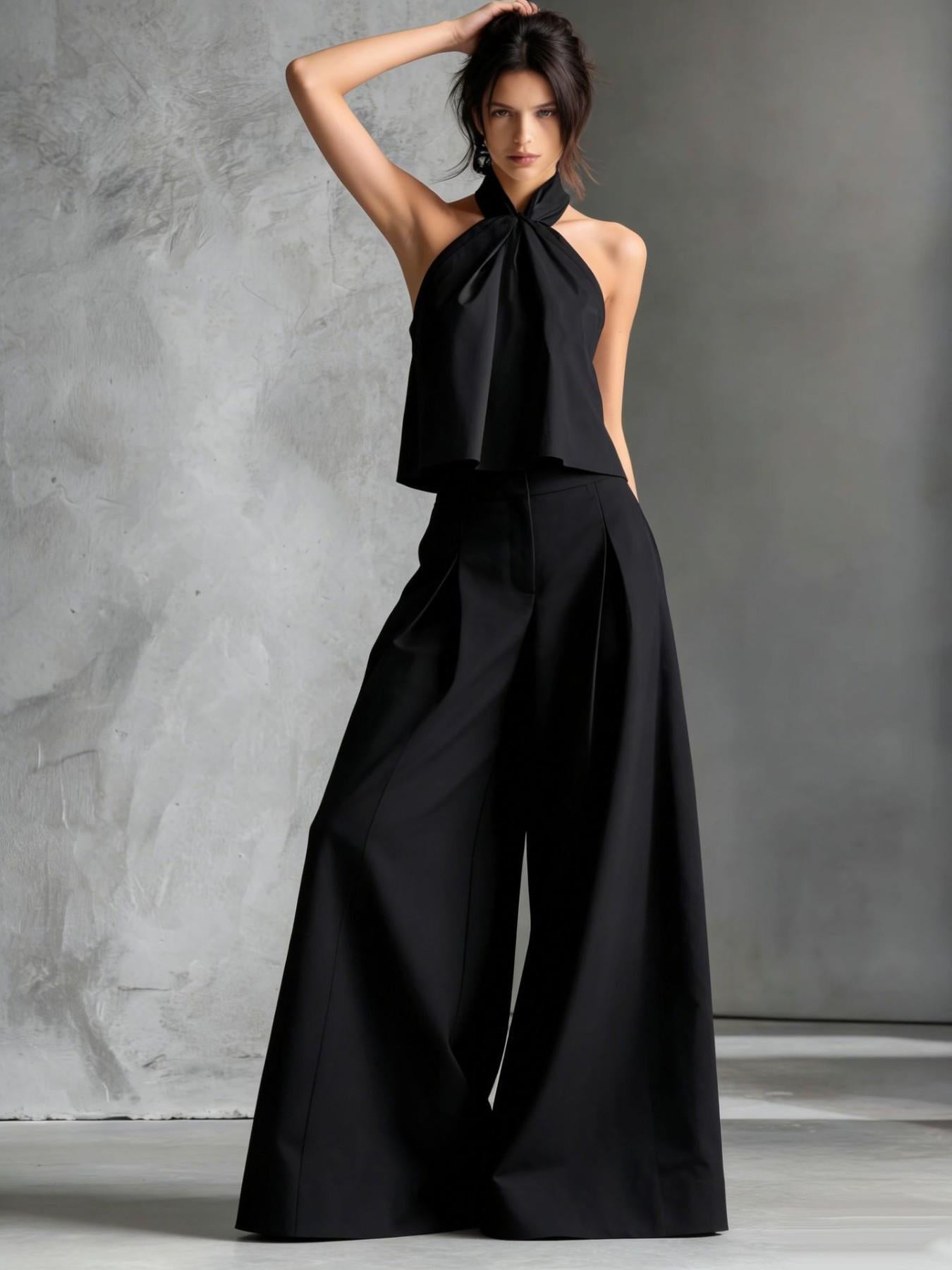 VVZ Loose-neckline sleeveless top and high-waisted wide-leg trousers